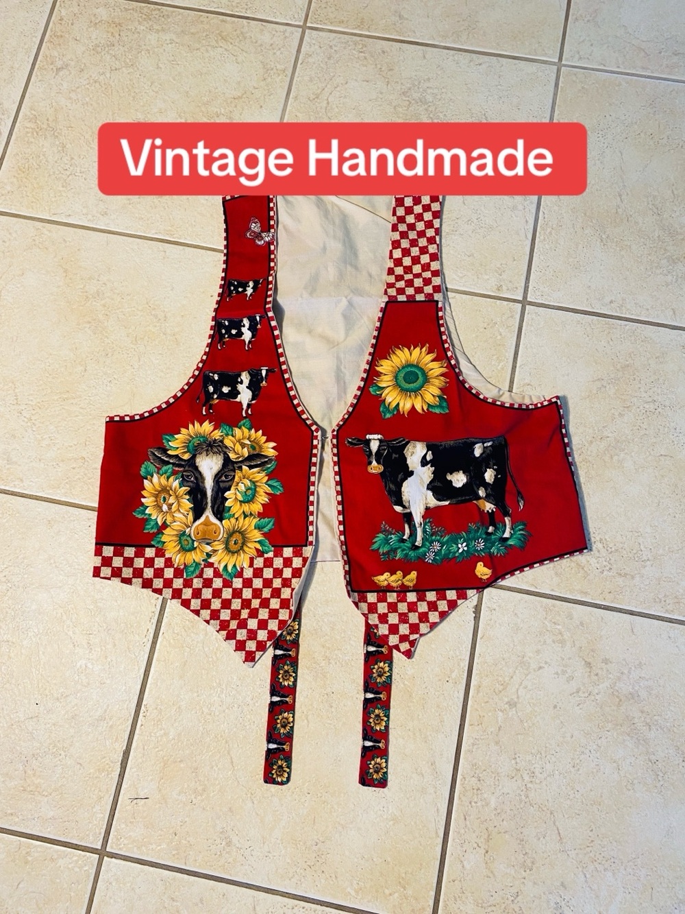 Womams Vintage Handmade Vest with Cow & Sunflower Print- Red